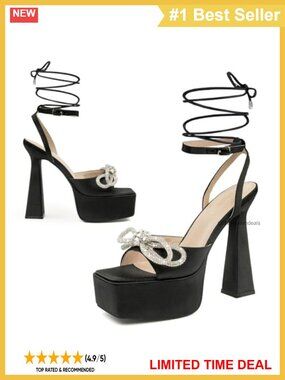 Chunky Platform Lace Up Strappy High Heels with Satin Bow and Crystal